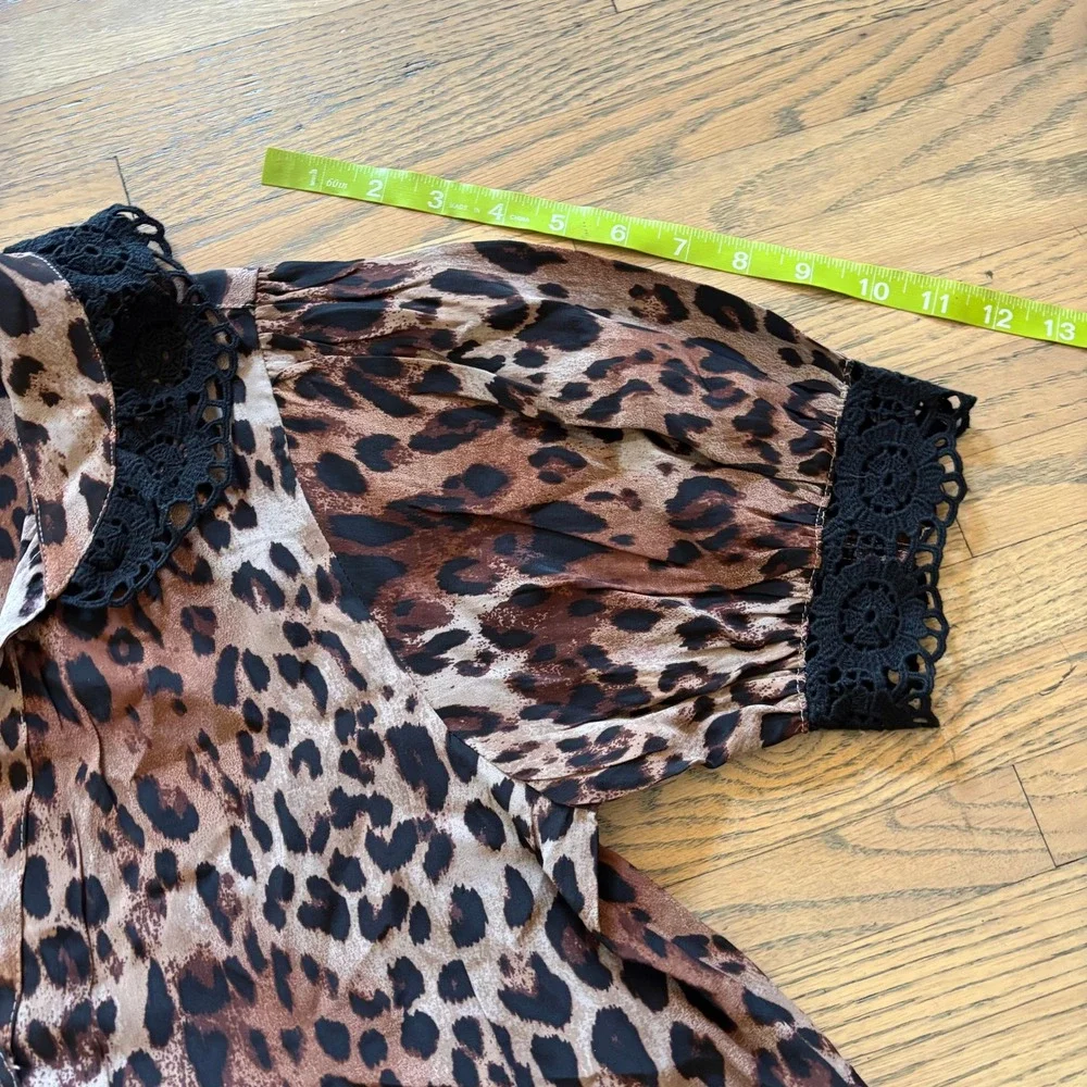 Free People Leopard Combo Blouse Brown Animal Print Lace Trim Small NEW